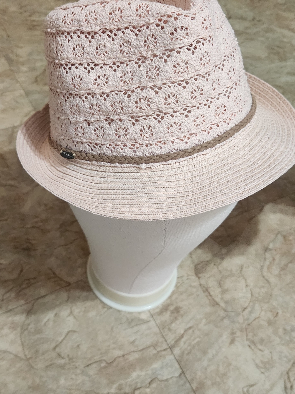 Girls Pink Crochet Fedora Hat with Braided Trim